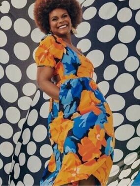 Tabitha Brown Orange and Blue Floral Tie-Back Midi Dress